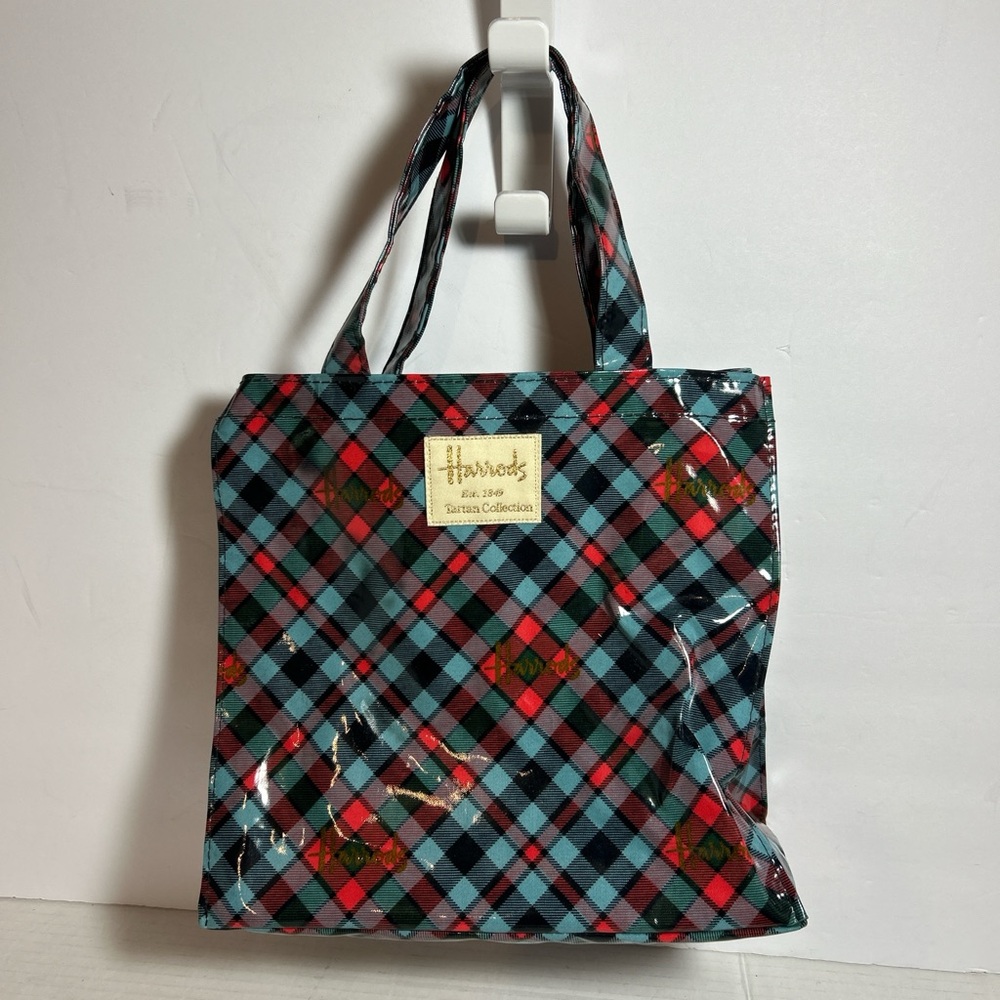 Harrods Scottish Plaid Tote Bag with makeup bag- Red and Blue